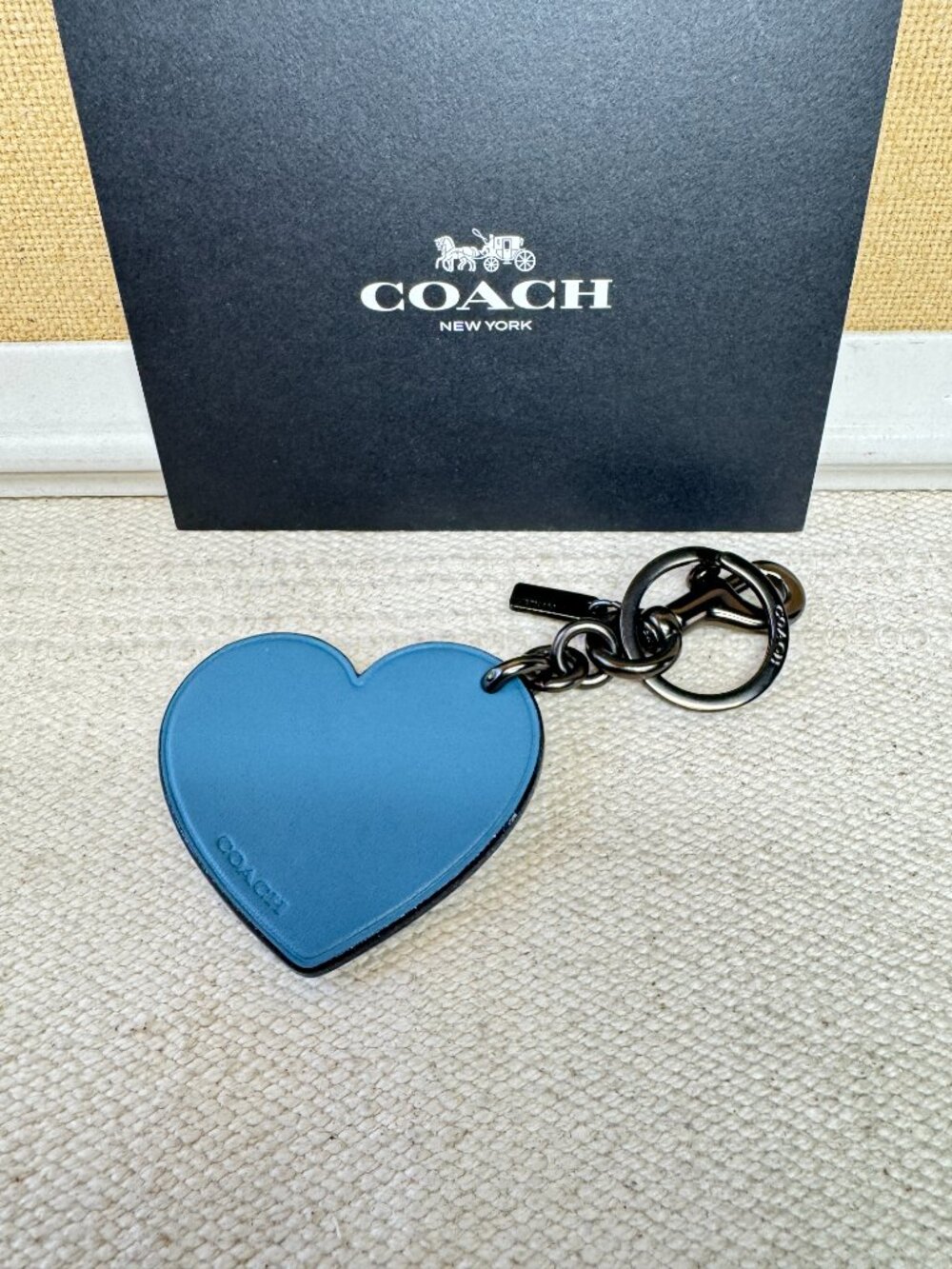 Coach Blue Heart Bag Charm Keychain Key Ring Fob Black Hardware Leather EUC - Picture 2 of 6